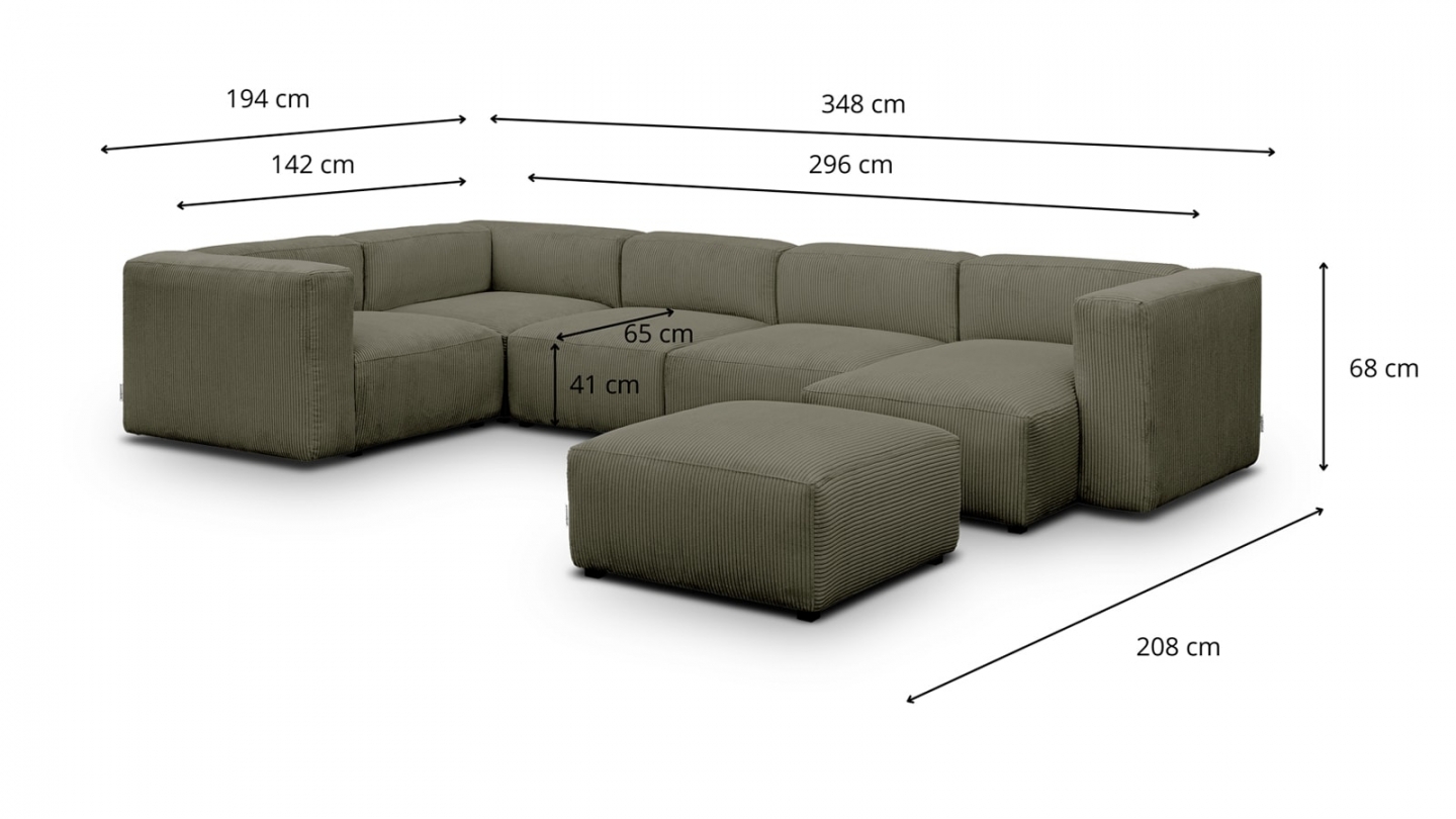 Canapé modulable panoramique 6 places avec méridienne à droite + pouf en velours côtelé vert kaki - Modulo