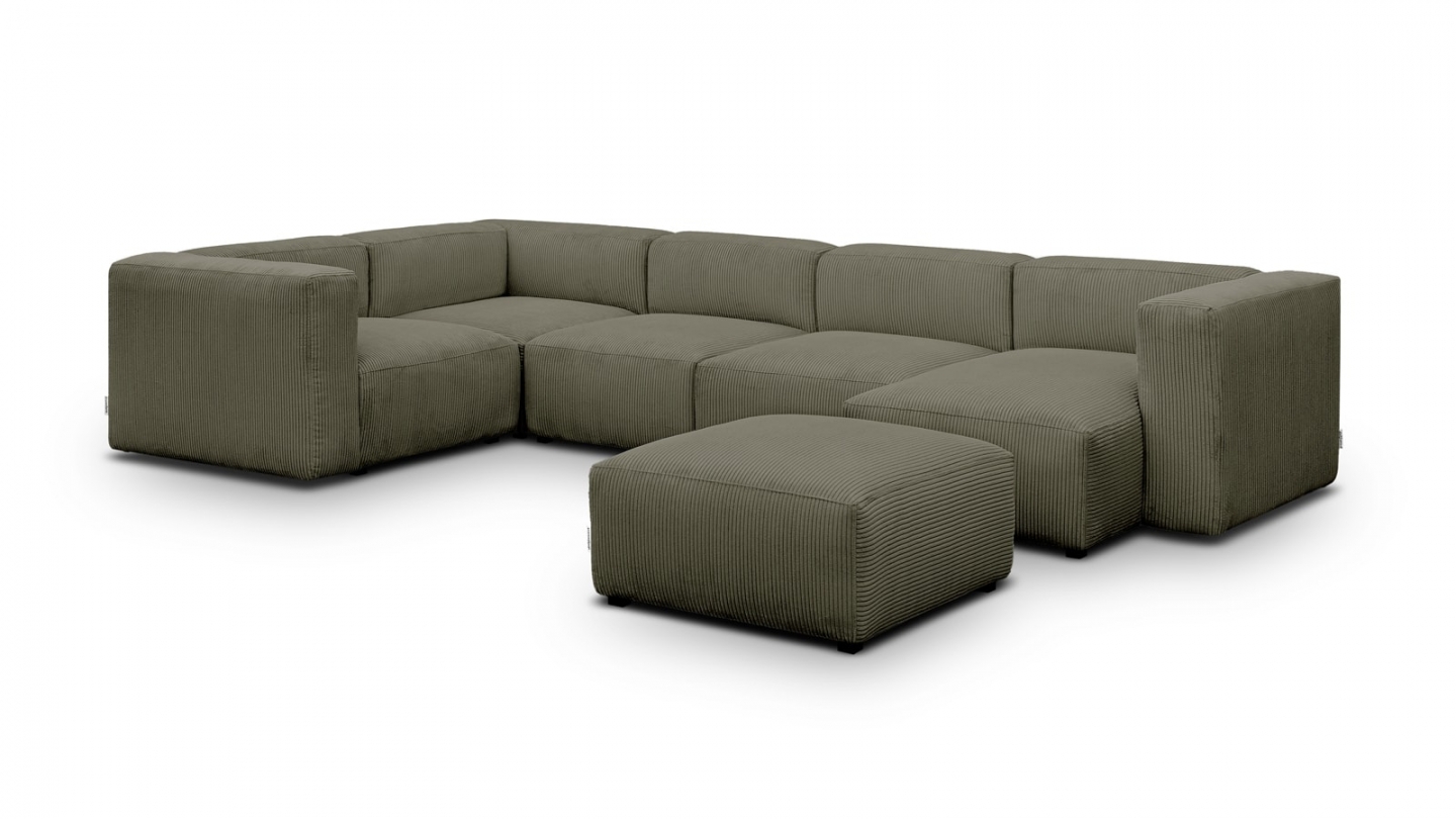 Canapé modulable panoramique 6 places avec méridienne à droite + pouf en velours côtelé vert kaki - Modulo