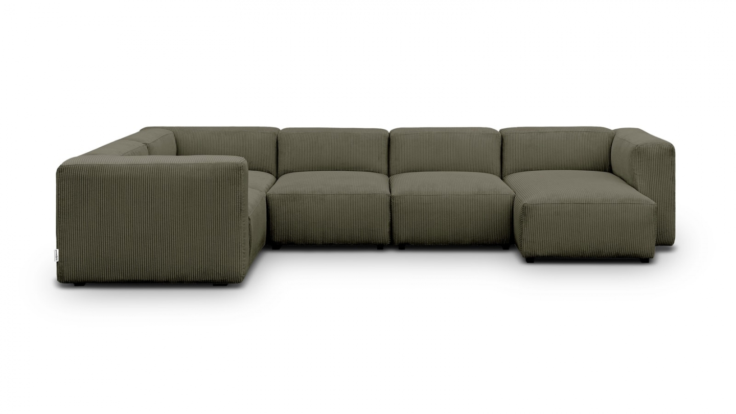 Canapé modulable panoramique 6 places avec méridienne à droite + pouf en velours côtelé vert kaki - Modulo