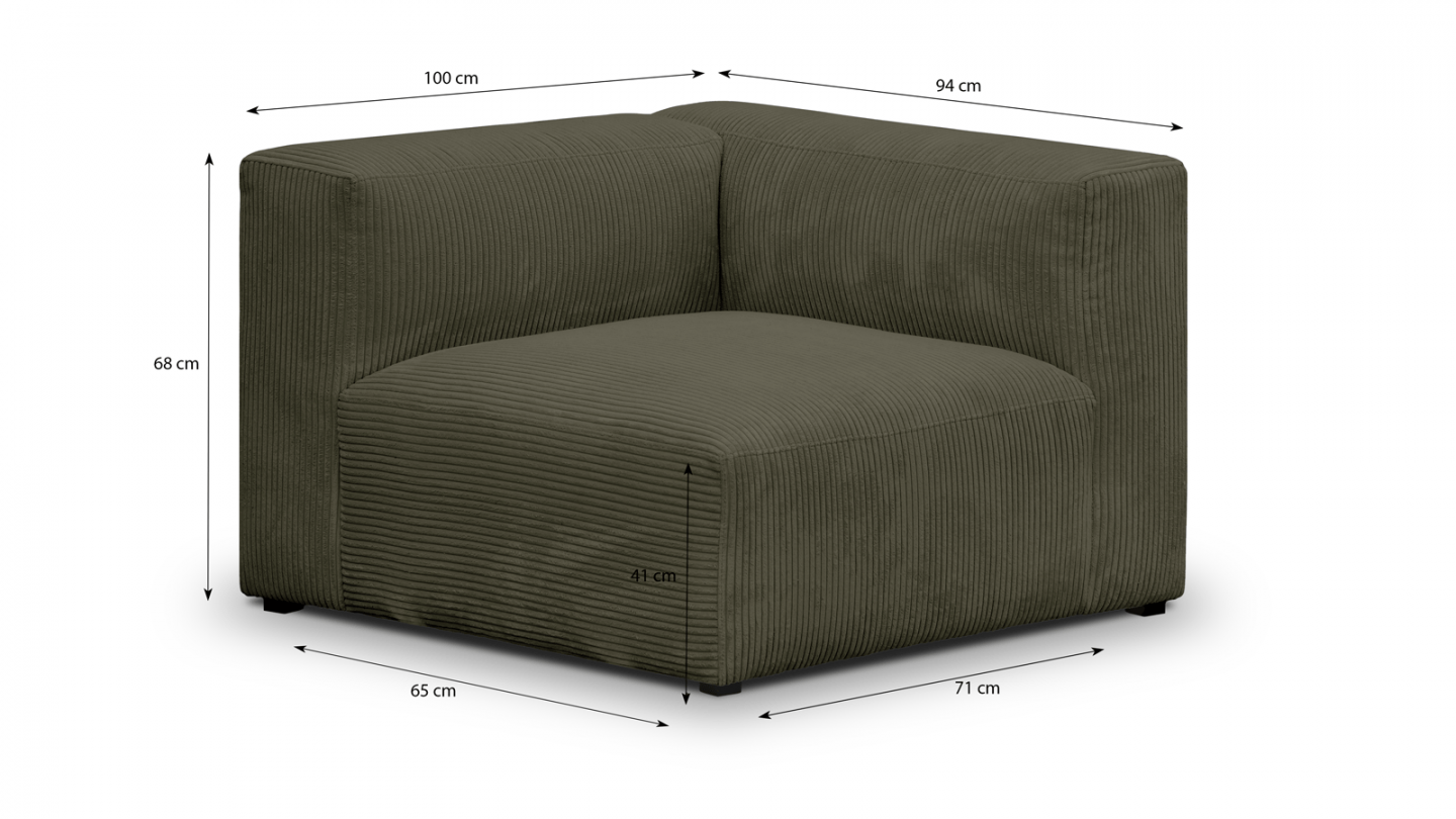 Canapé modulable panoramique 6 places avec méridienne à droite + pouf en velours côtelé vert kaki - Modulo