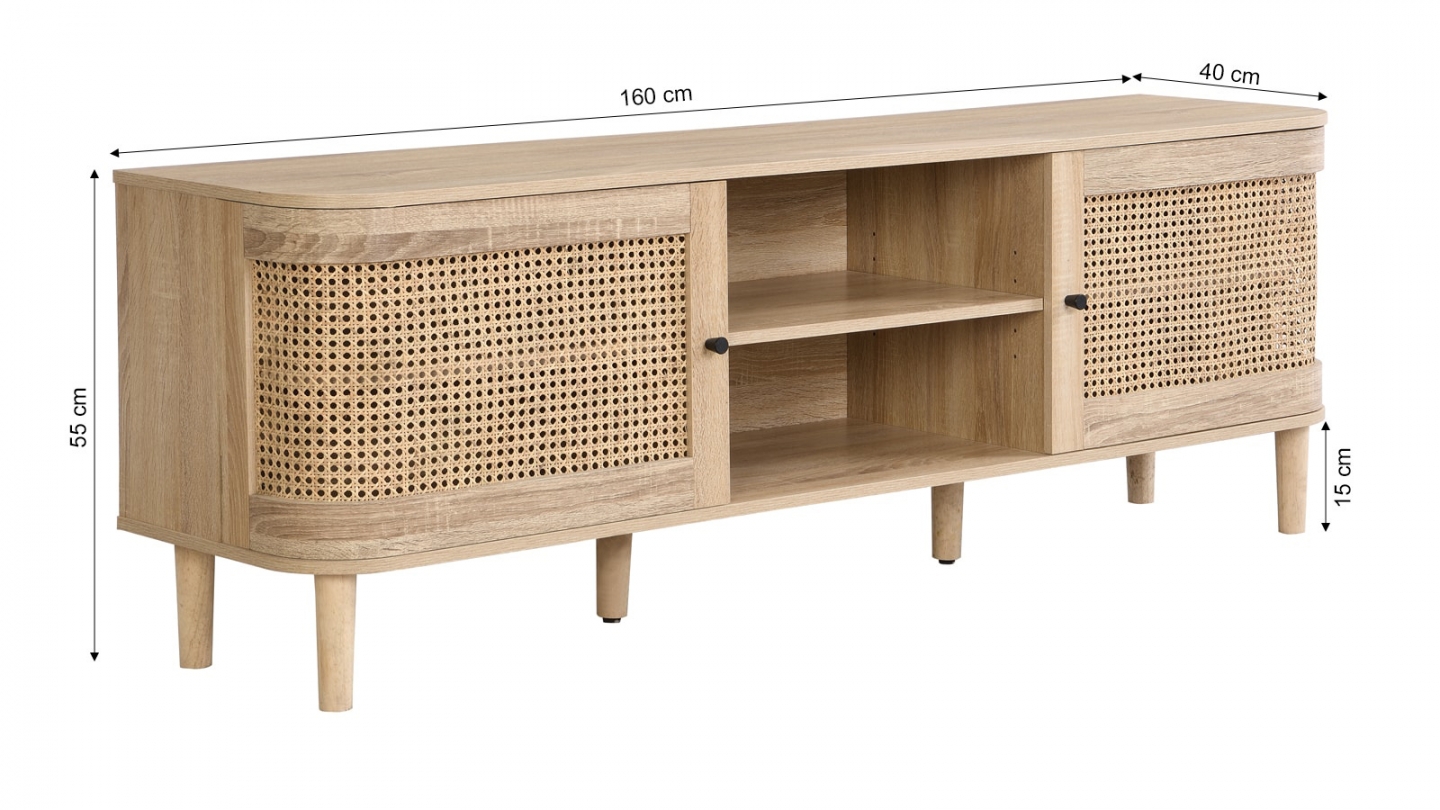 Meuble TV 2 portes couleur chêne et cannage 160 cm - Bali