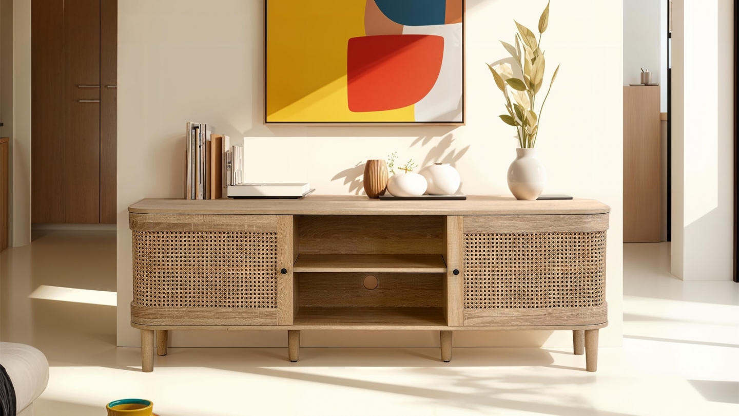 Meuble TV 2 portes couleur chêne et cannage 160 cm - Bali