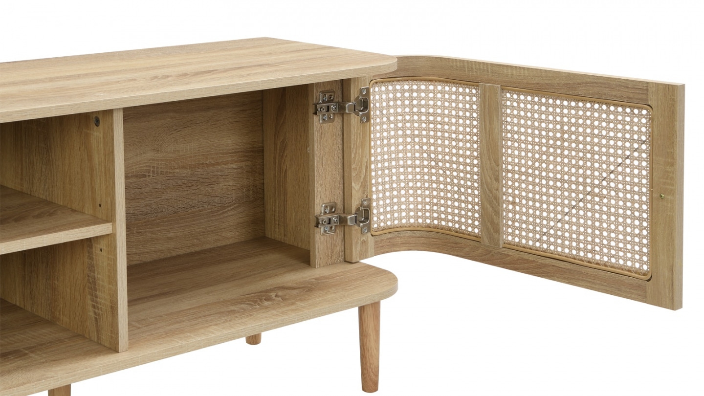 Meuble TV 2 portes couleur chêne et cannage 160 cm - Bali