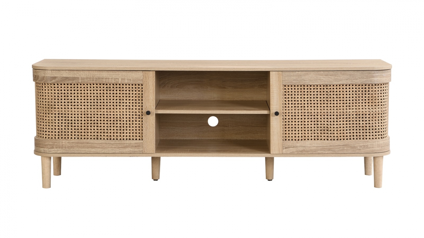 Meuble TV 2 portes couleur chêne et cannage 160 cm - Bali