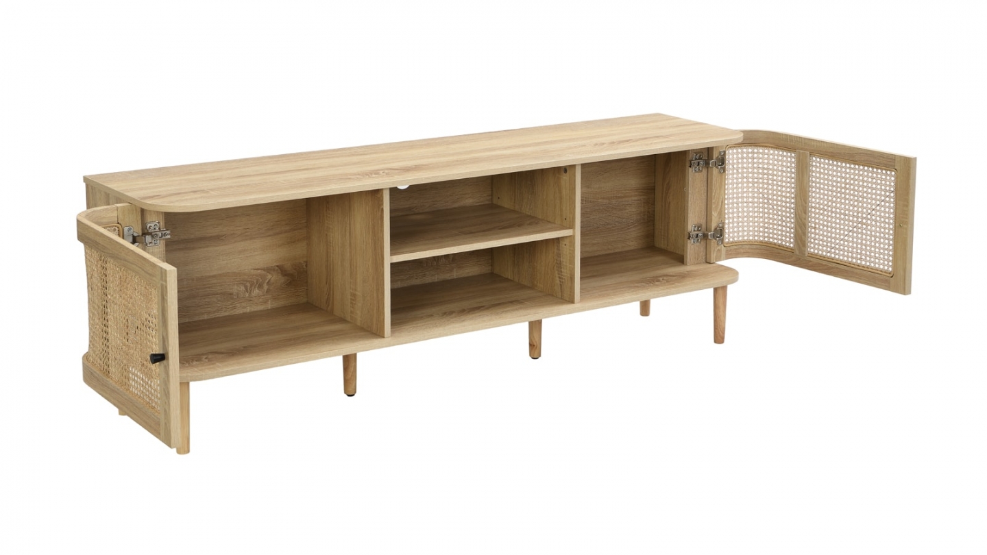 Meuble TV 2 portes couleur chêne et cannage 160 cm - Bali