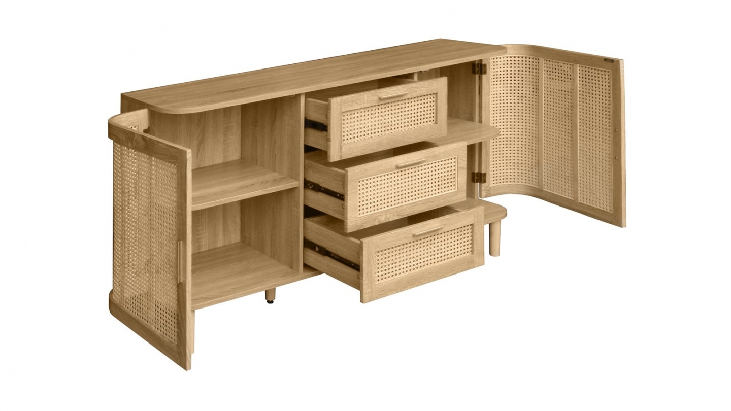 Buffet 2 portes 3 tiroirs couleur chêne et cannage 150 cm - Bali