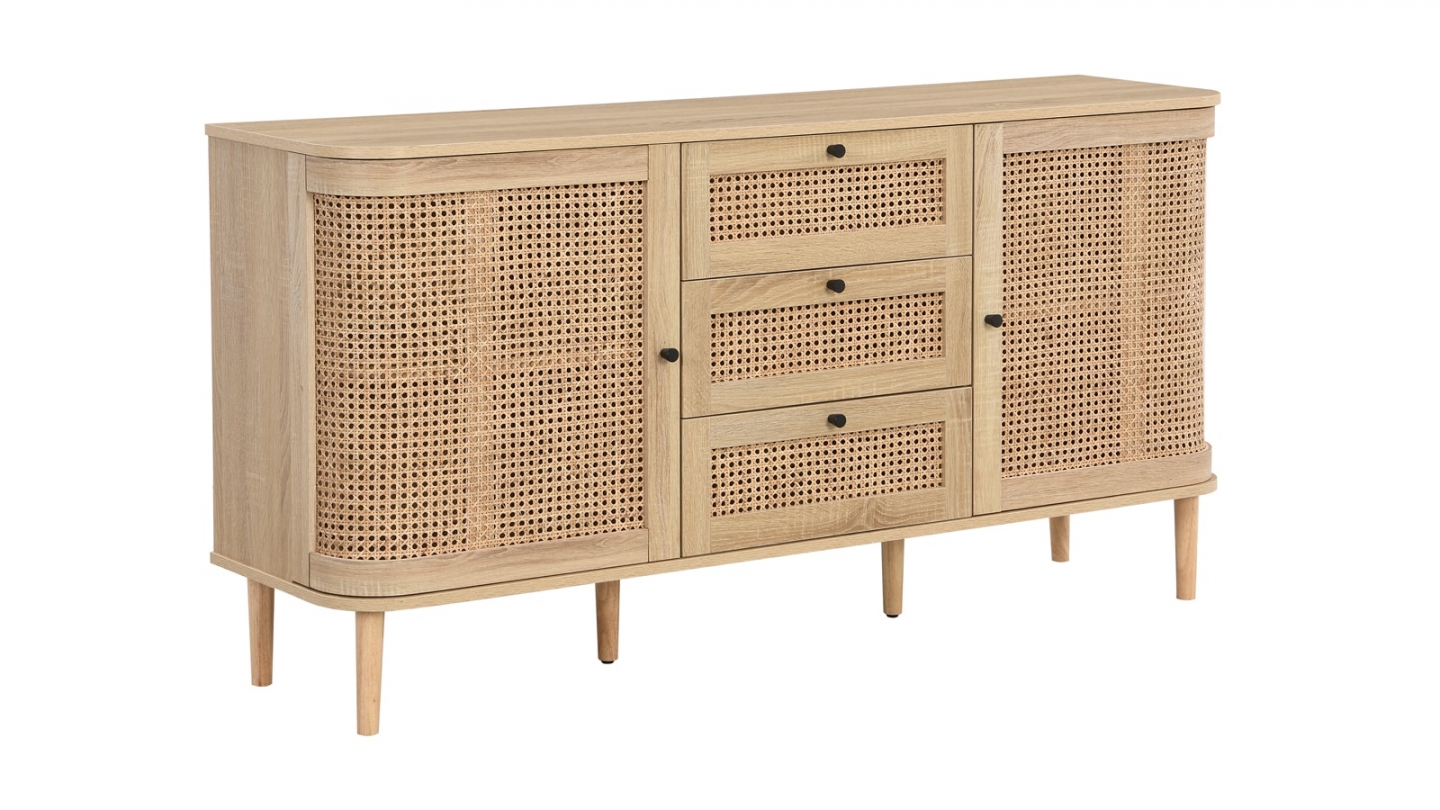 Buffet 2 portes 3 tiroirs couleur chêne et cannage 150 cm - Bali