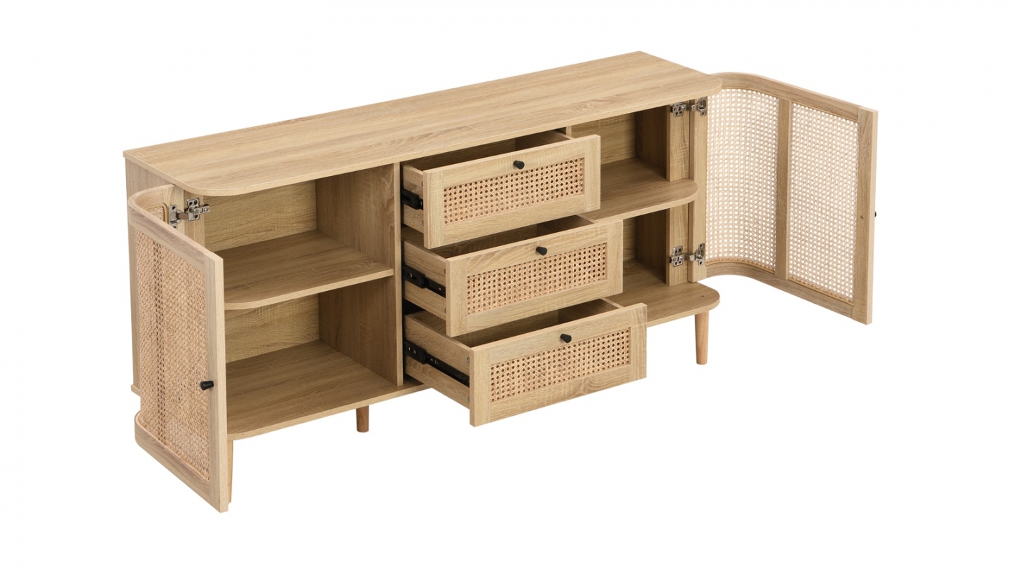 Buffet 2 portes 3 tiroirs couleur chêne et cannage 150 cm - Bali