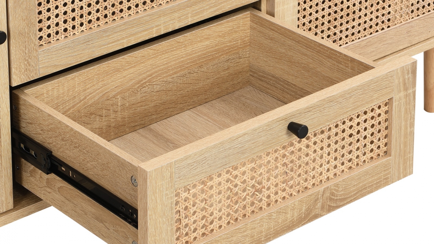 Buffet 2 portes 3 tiroirs couleur chêne et cannage 150 cm - Bali
