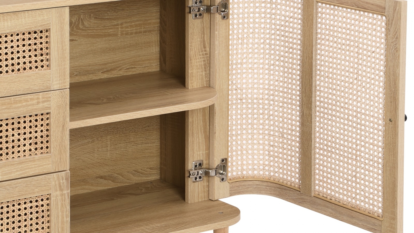 Buffet 2 portes 3 tiroirs couleur chêne et cannage 150 cm - Bali