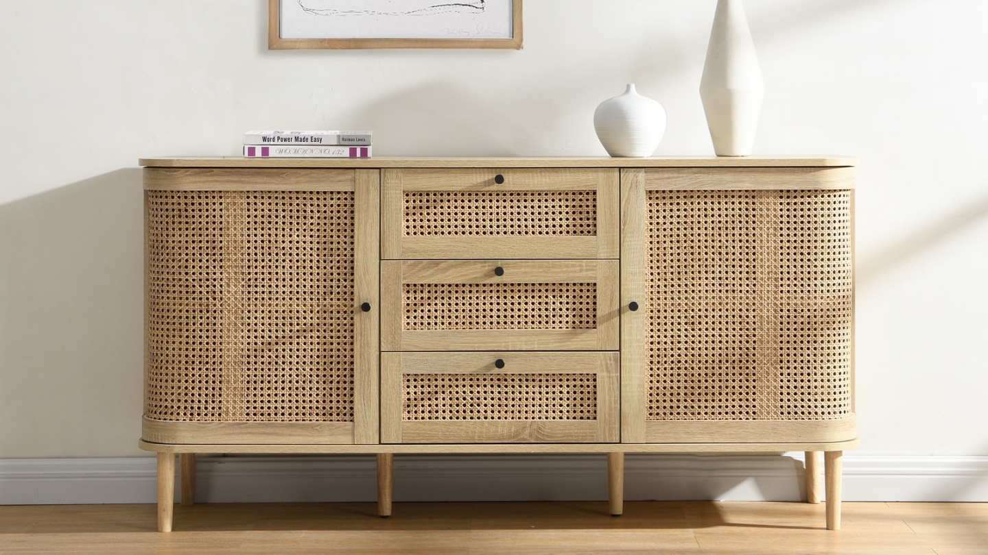 Buffet 2 portes 3 tiroirs couleur chêne et cannage 150 cm - Bali
