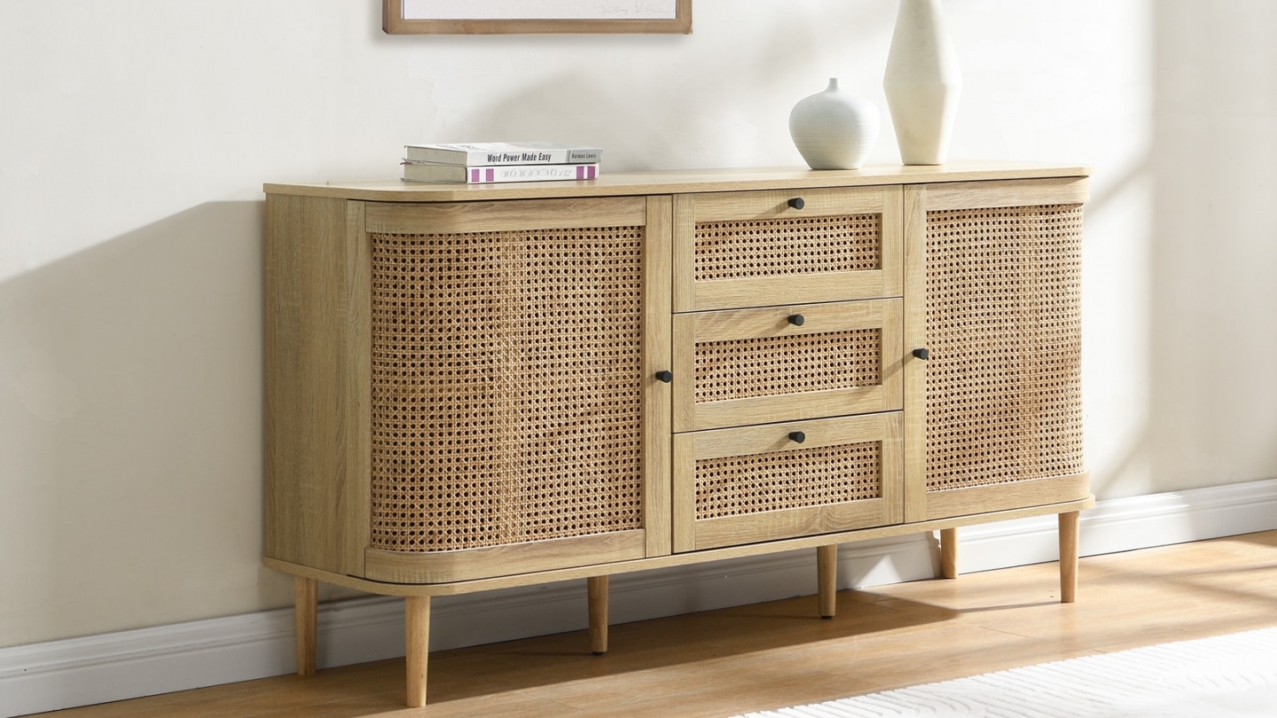 Buffet 2 portes 3 tiroirs couleur chêne et cannage 150 cm - Bali