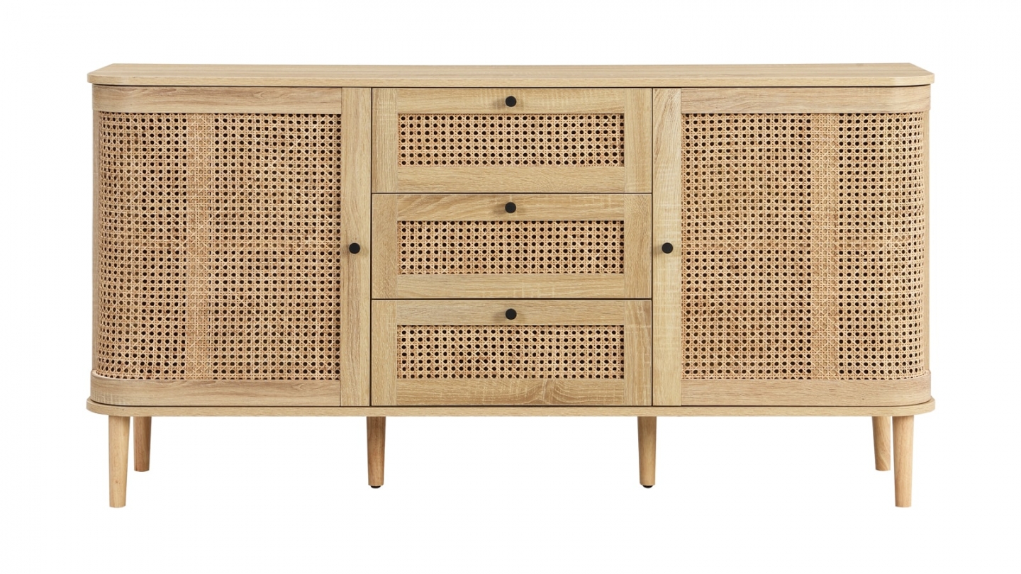 Buffet 2 portes 3 tiroirs couleur chêne et cannage 150 cm - Bali