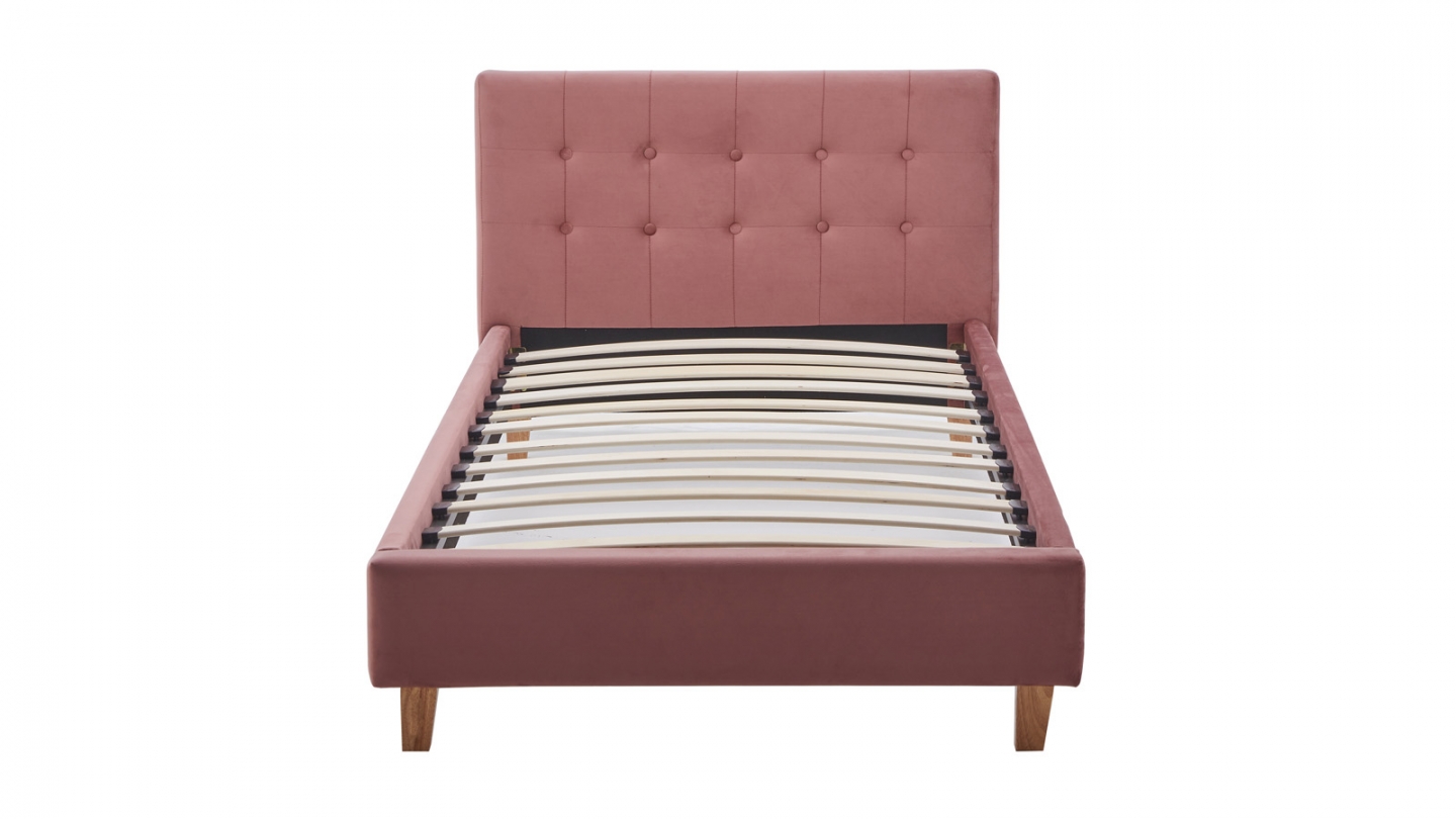 Lit adulte 90x190 cm avec tête de lit capitonnée en velours vieux rose - Milo
