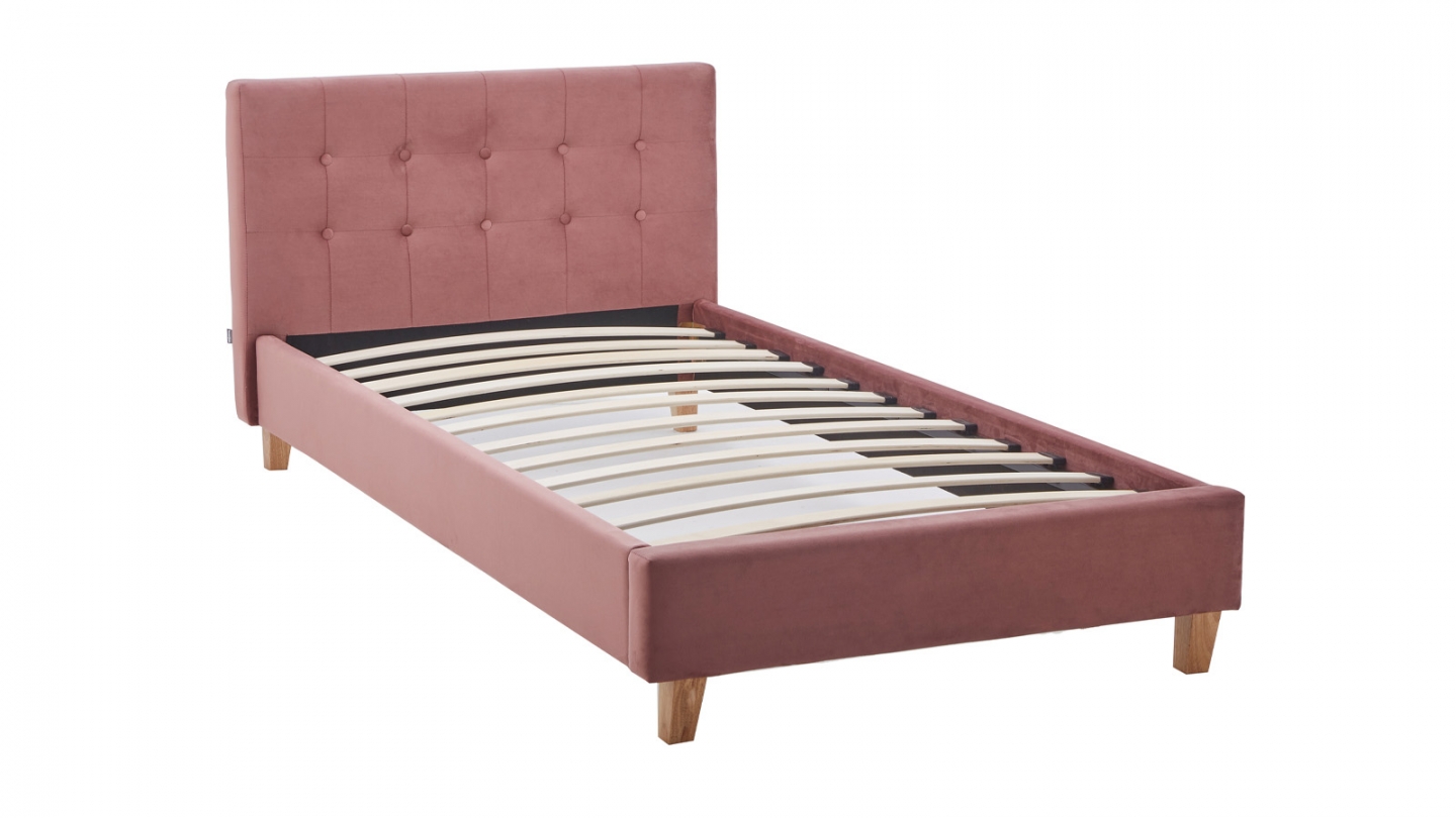 Lit adulte 90x190 cm avec tête de lit capitonnée en velours vieux rose - Milo