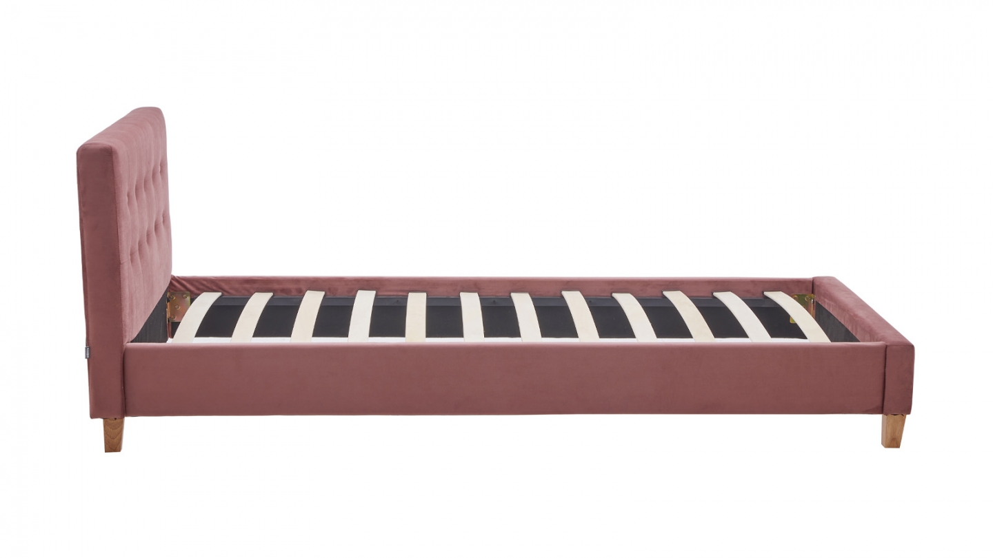 Lit adulte 90x190 cm avec tête de lit capitonnée en velours vieux rose - Milo