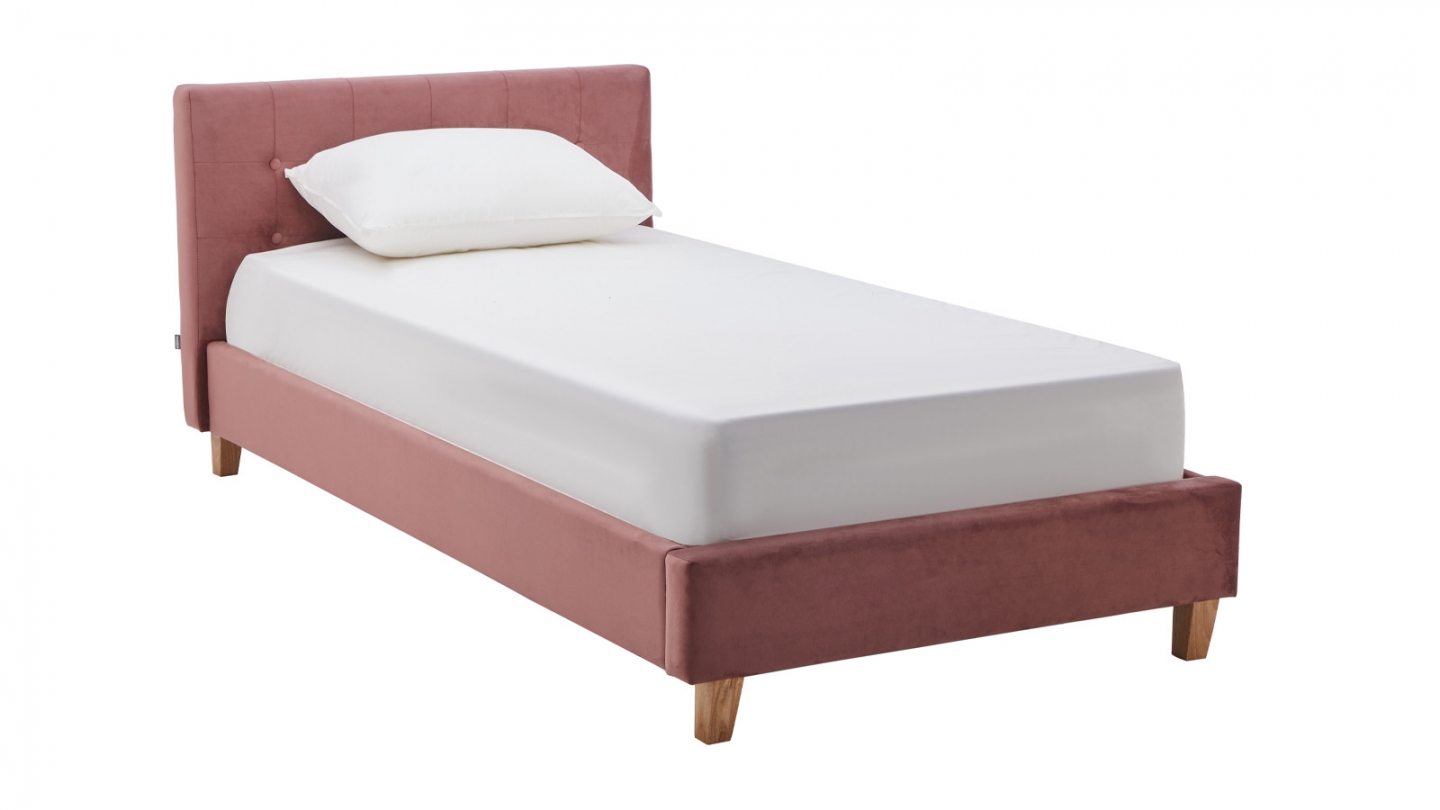 Lit adulte 90x190 cm avec tête de lit capitonnée en velours vieux rose - Milo