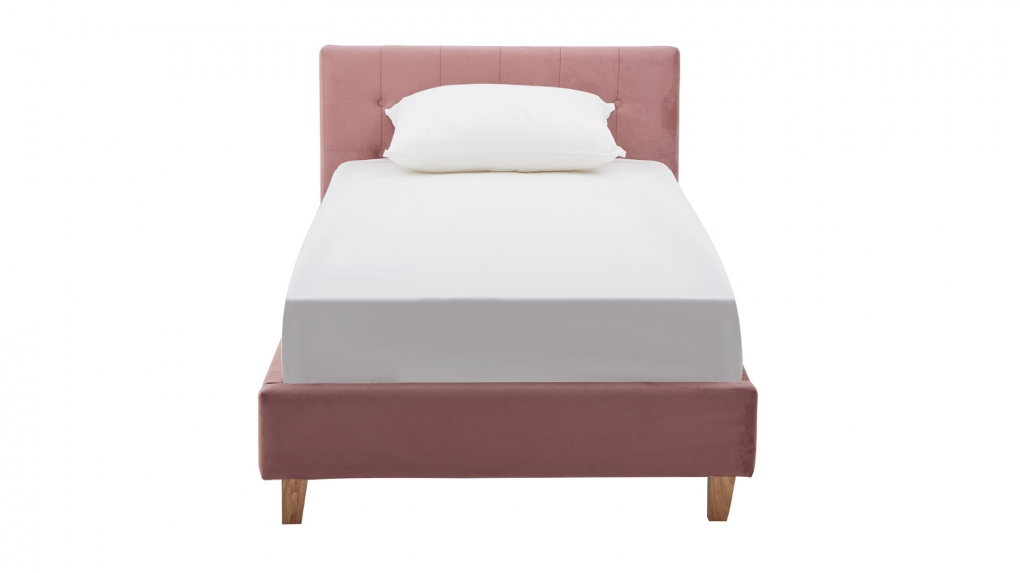 Lit adulte 90x190 cm avec tête de lit capitonnée en velours vieux rose - Milo