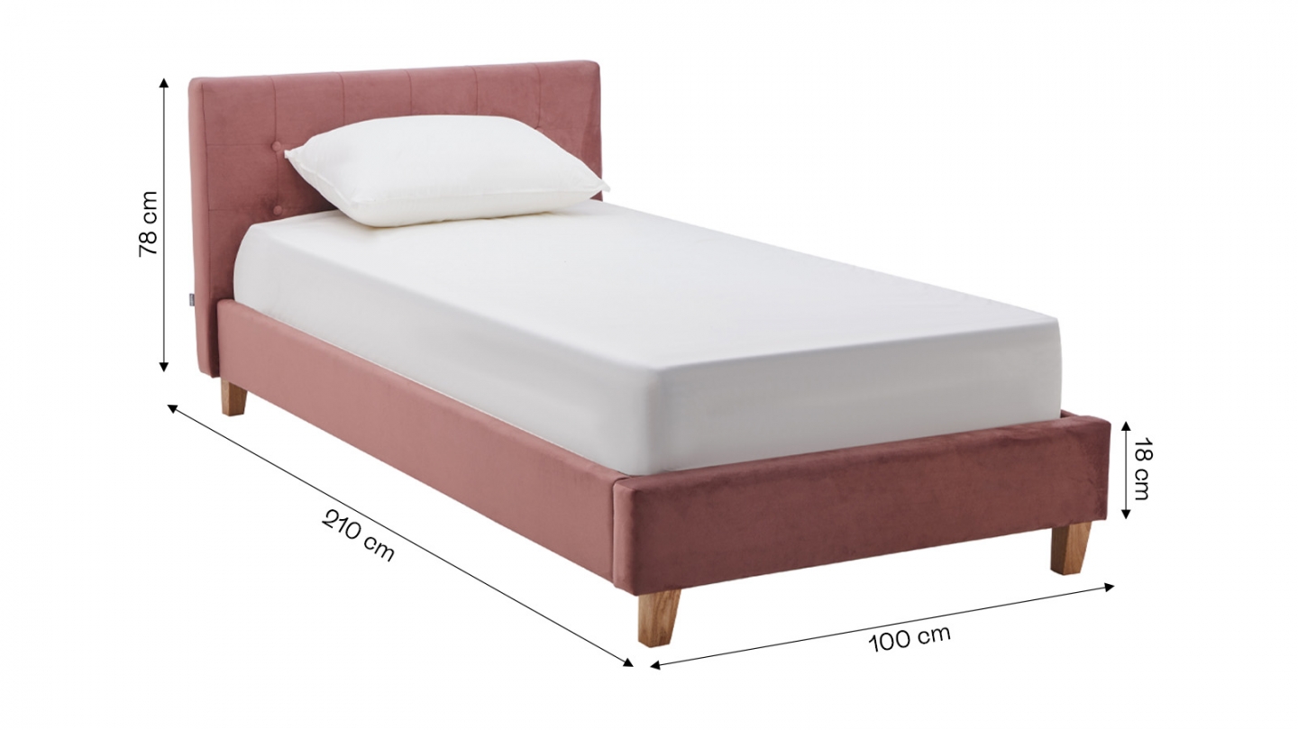 Lit adulte 90x190 cm avec tête de lit capitonnée en velours vieux rose - Milo