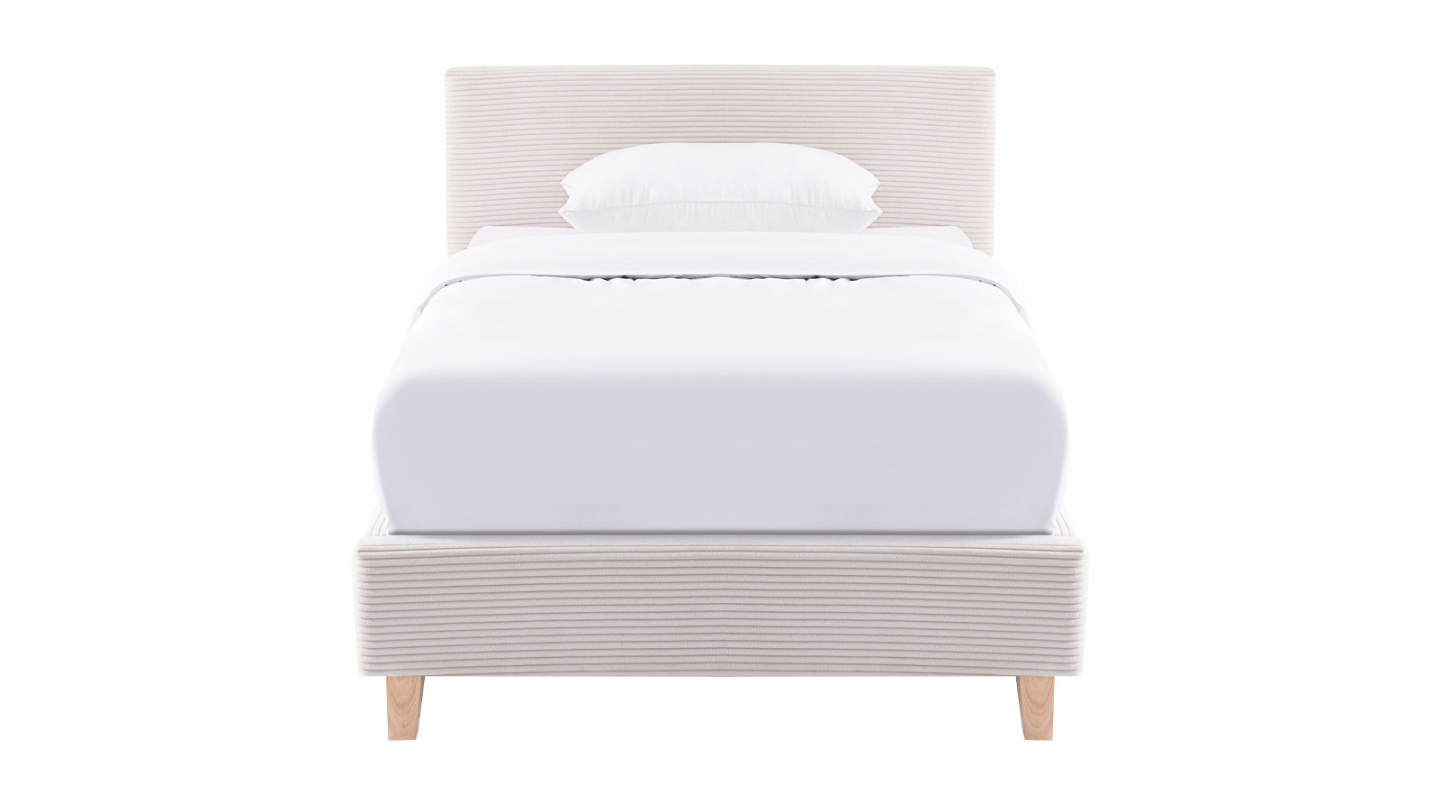 Lit adulte 90x190 cm avec tête de lit capitonnée en velours côtelé beige - Milo