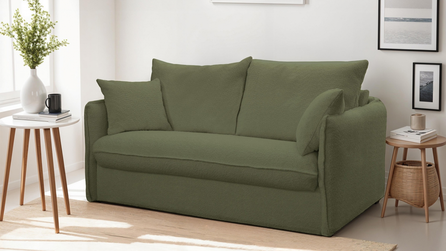 Canapé convertible 3 places en tissu bouclette vert kaki - ouverture express - Gina