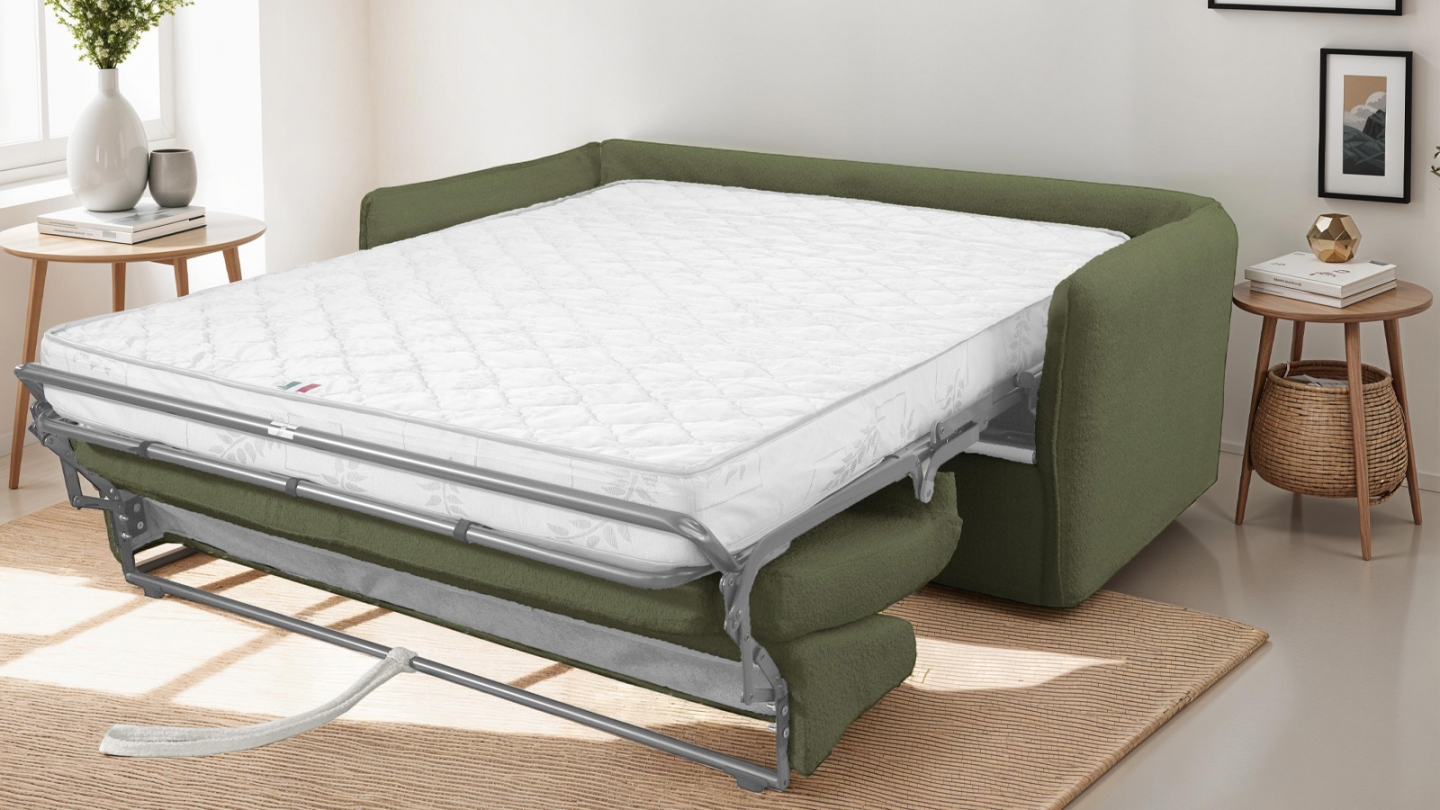 Canapé convertible 3 places en tissu bouclette vert kaki - ouverture express - Gina