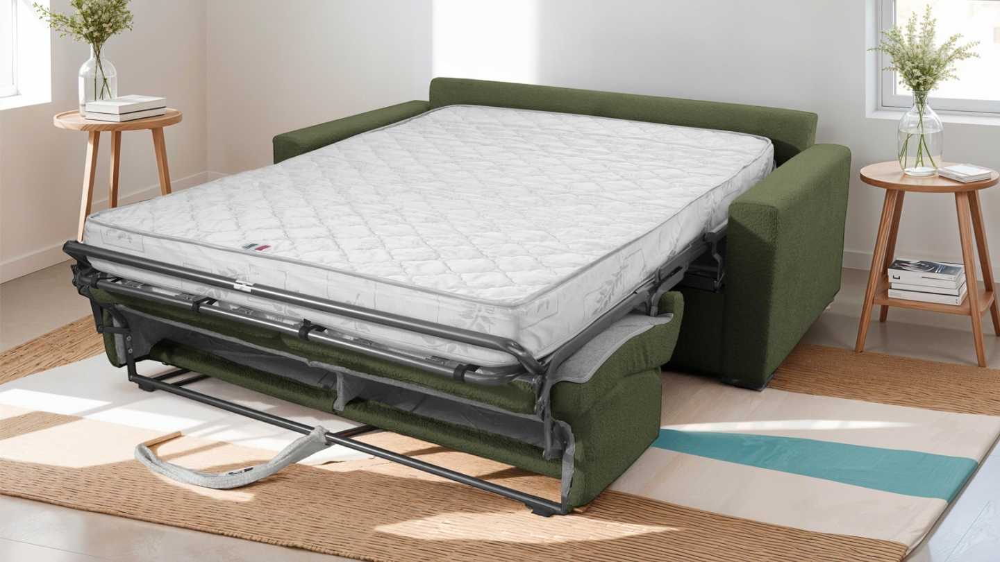 Canapé convertible 3 places en tissu bouclette vert kaki - ouverture express - Paloma