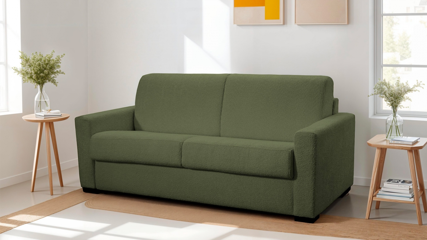 Canapé convertible 3 places en tissu bouclette vert kaki - ouverture express - Paloma