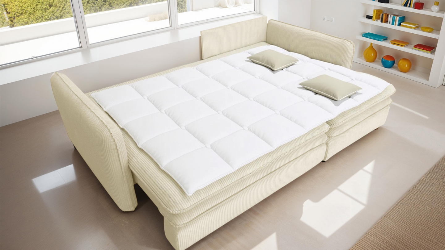 Canapé d'angle convertible réversible 3 places en velours côtelé beige - Baya