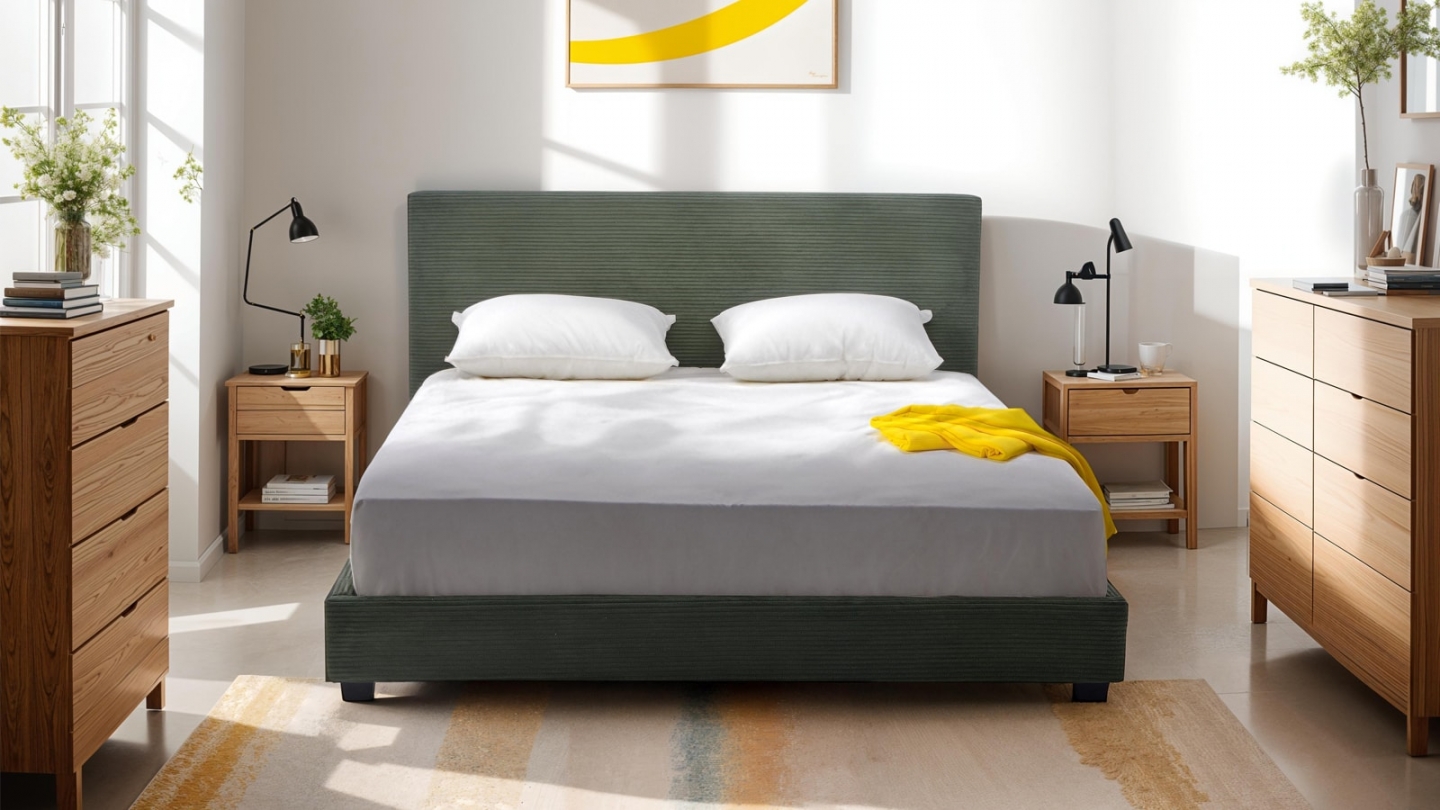 Lit adulte 140x190 cm avec tête de lit capitonnée en velours côtelé vert - William