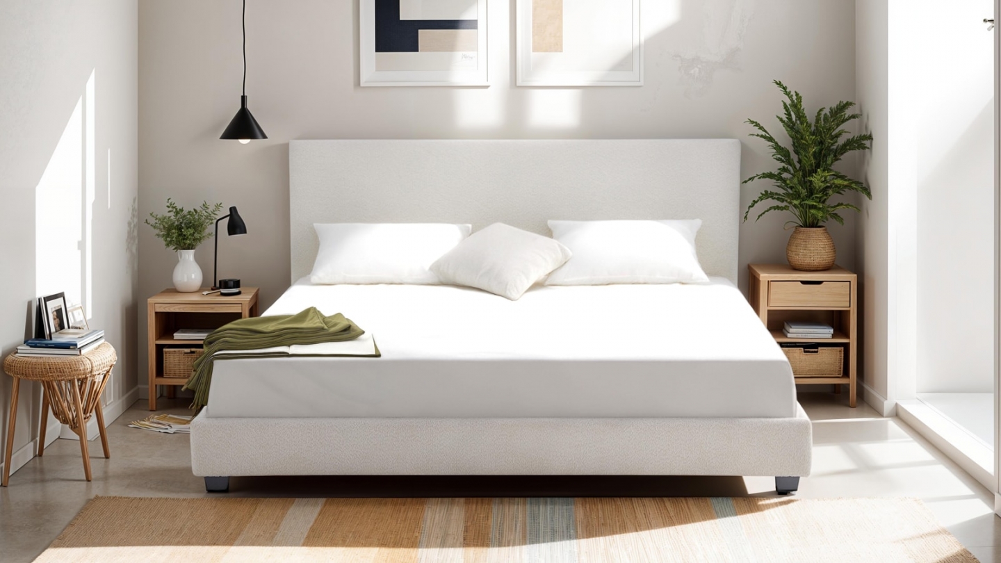 Lit adulte 180x200 cm avec tête de lit capitonnée en tissu bouclé beige - William