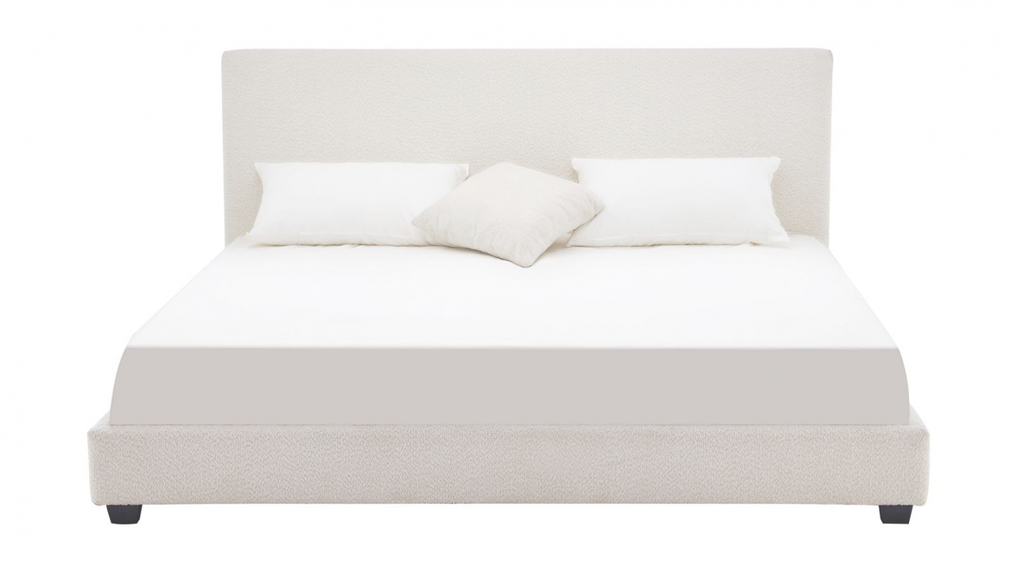 Lit adulte 180x200 cm avec tête de lit capitonnée en tissu bouclé beige - William