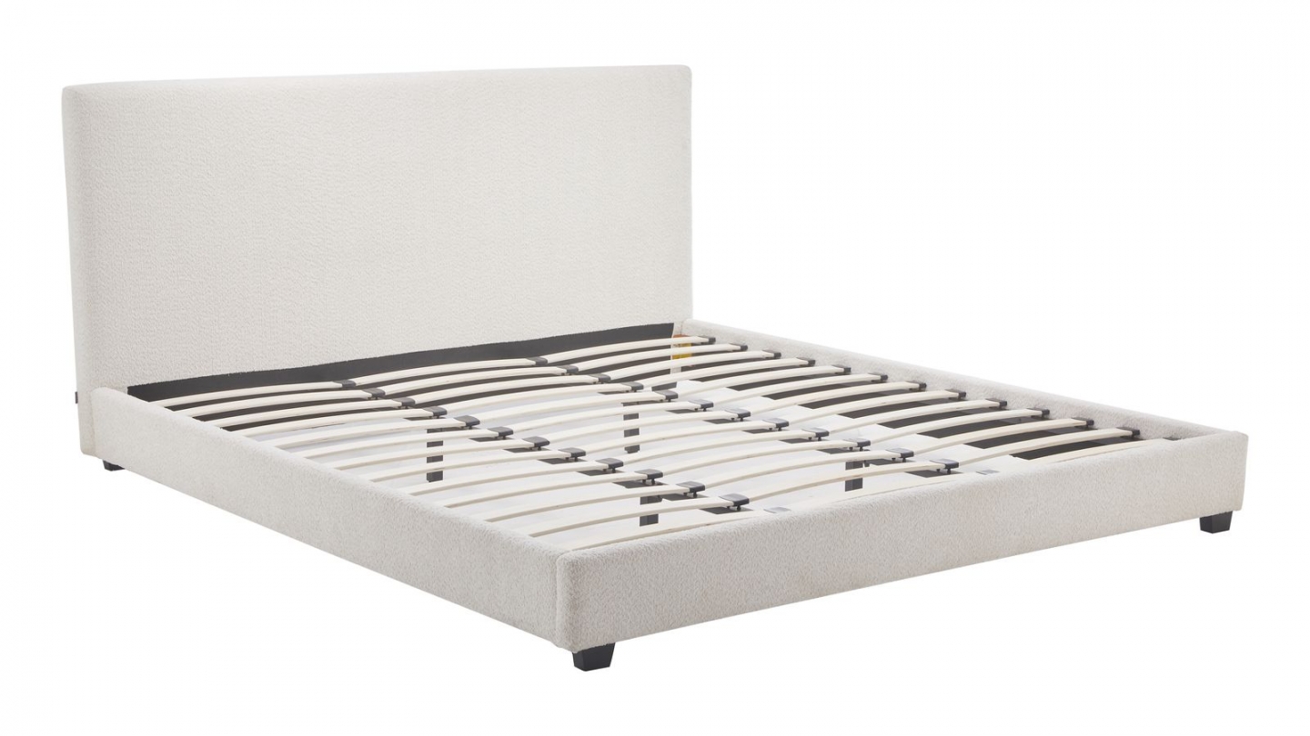 Lit adulte 180x200 cm avec tête de lit capitonnée en tissu bouclé beige - William