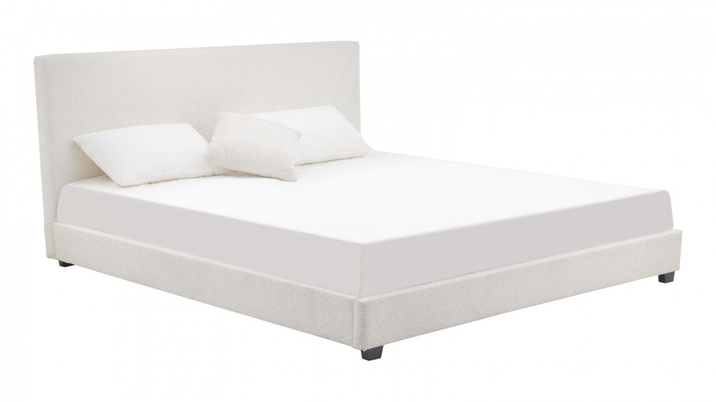 Lit adulte 180x200 cm avec tête de lit capitonnée en tissu bouclé beige - William