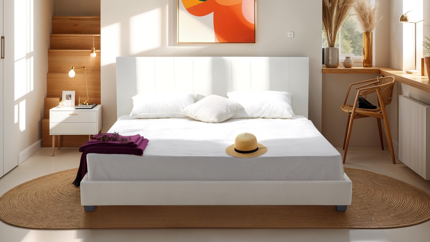 Lit adulte 180x200 cm avec tête de lit capitonnée en velours beige - William