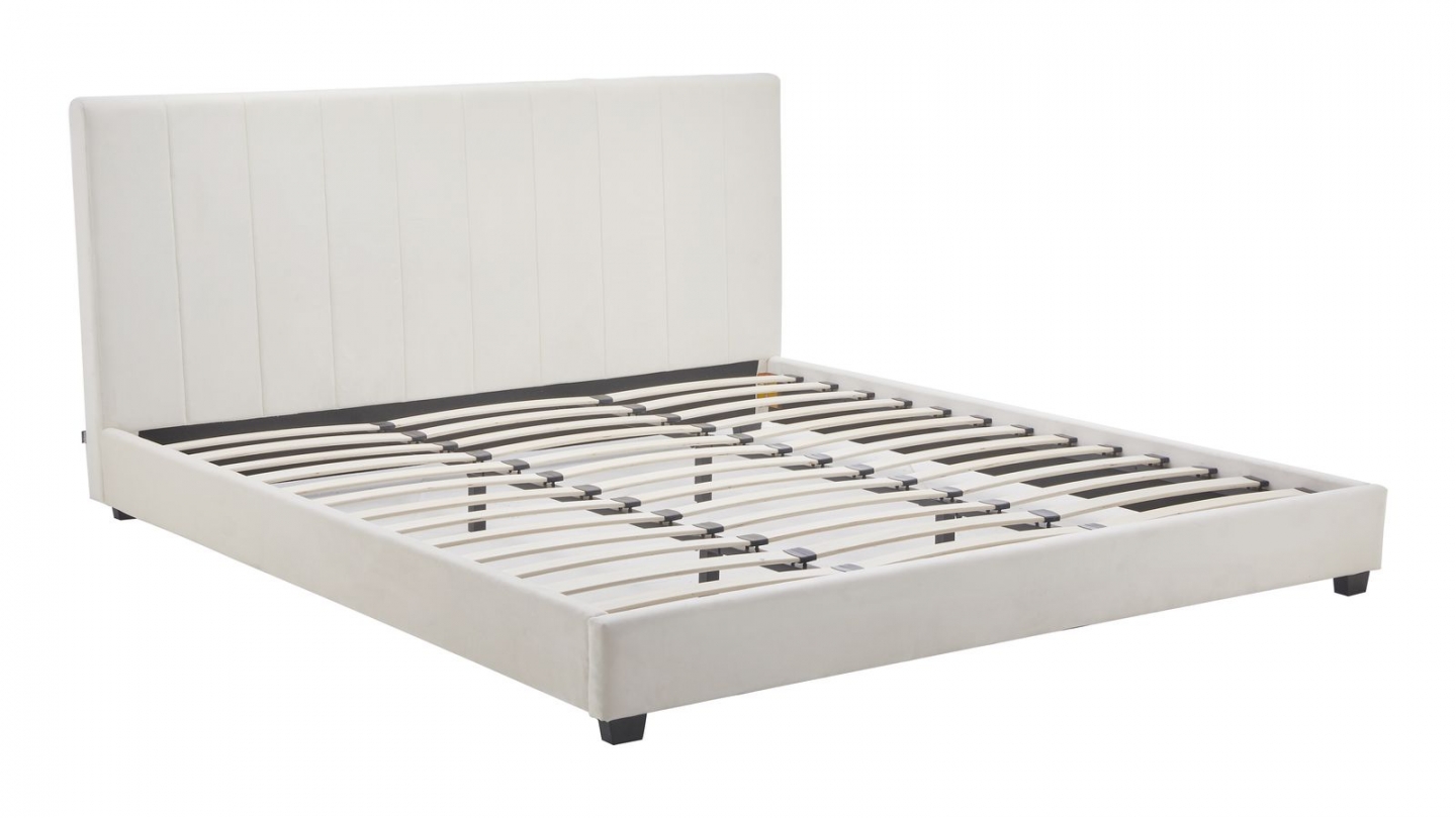 Lit adulte 180x200 cm avec tête de lit capitonnée en velours beige - William