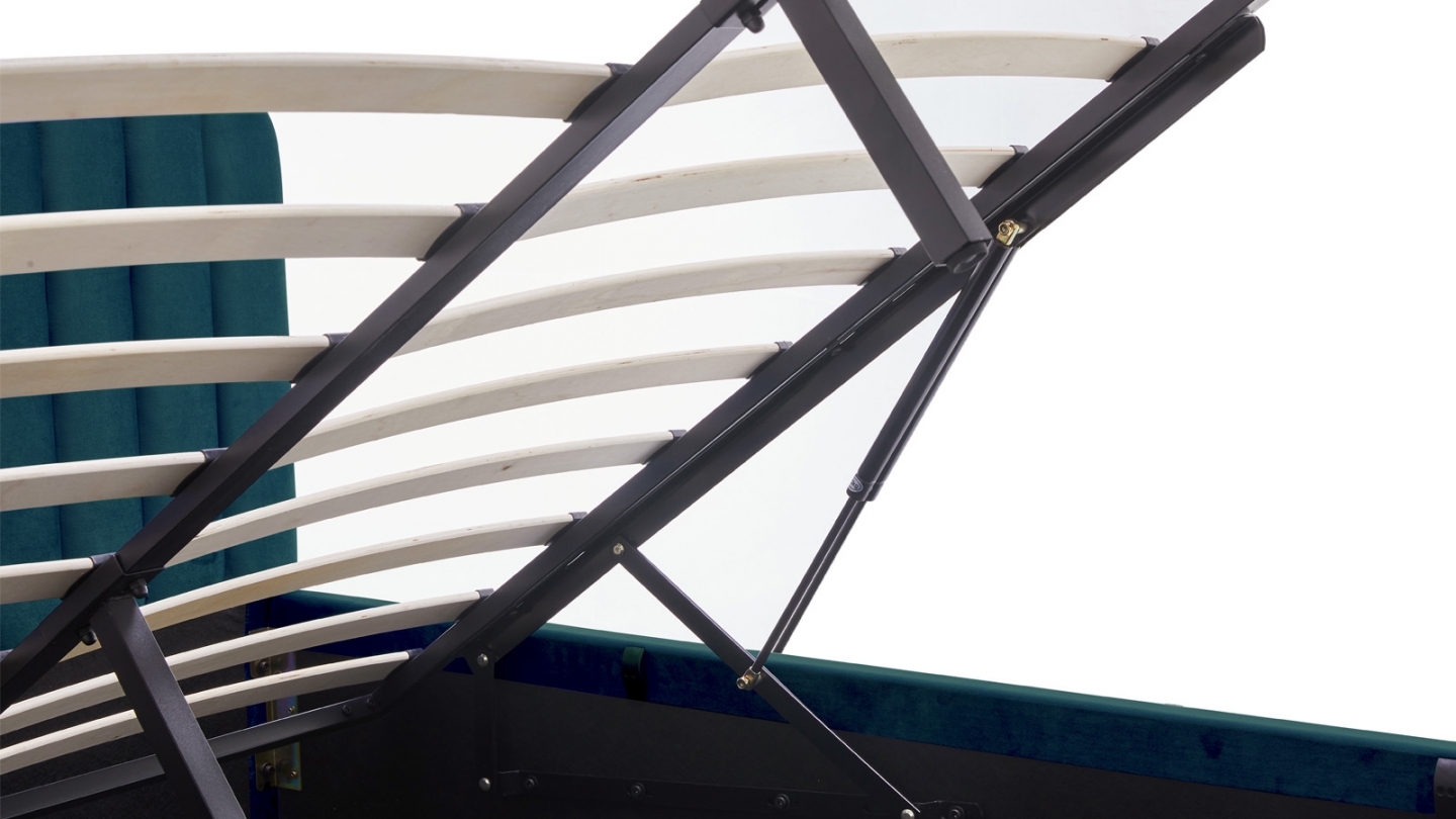 Lit coffre adulte 140x190 cm avec tête de lit capitonnée en velours bleu nuit - Ava