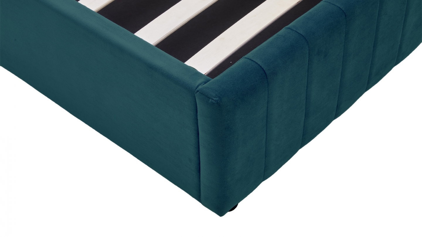 Lit coffre adulte 140x190 cm avec tête de lit capitonnée en velours bleu nuit - Ava