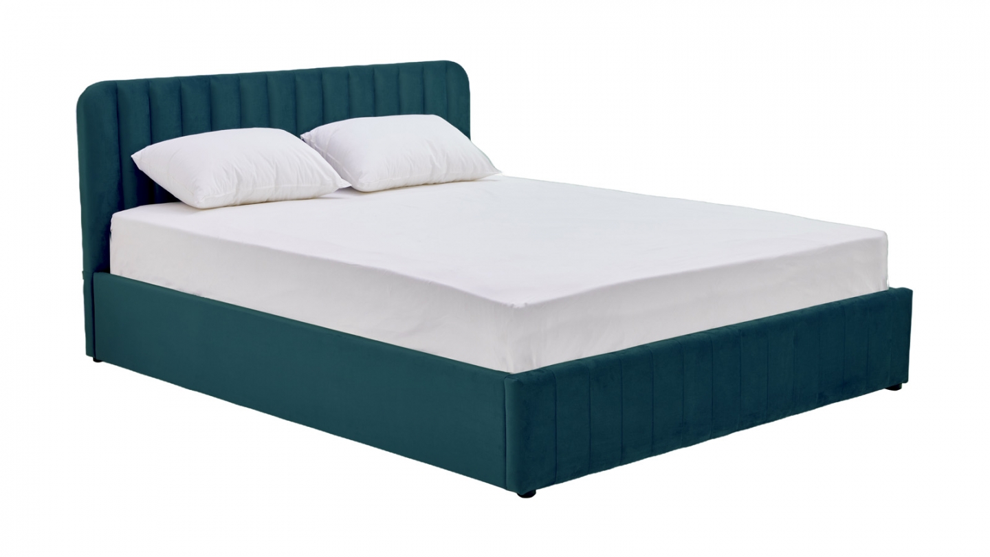 Lit coffre adulte 140x190 cm avec tête de lit capitonnée en velours bleu nuit - Ava