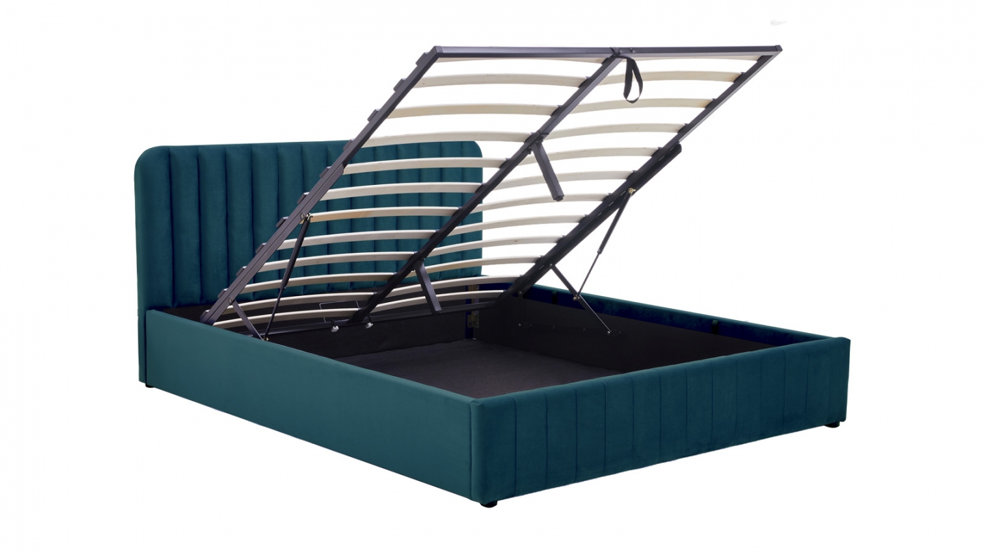 Lit coffre adulte 140x190 cm avec tête de lit capitonnée en velours bleu nuit - Ava