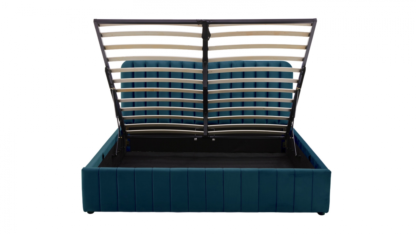 Lit coffre adulte 140x190 cm avec tête de lit capitonnée en velours bleu nuit - Ava