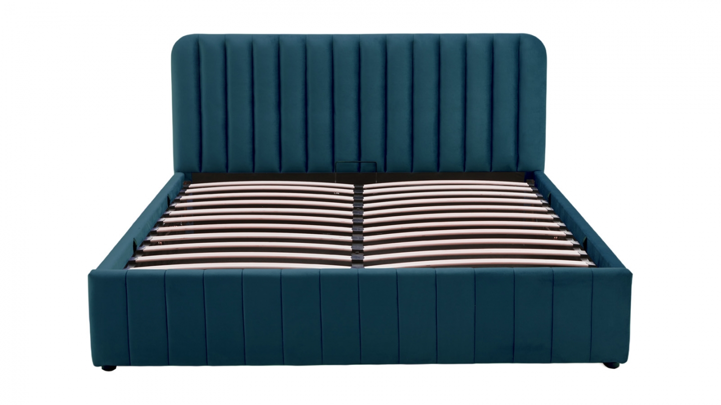 Lit coffre adulte 140x190 cm avec tête de lit capitonnée en velours bleu nuit - Ava