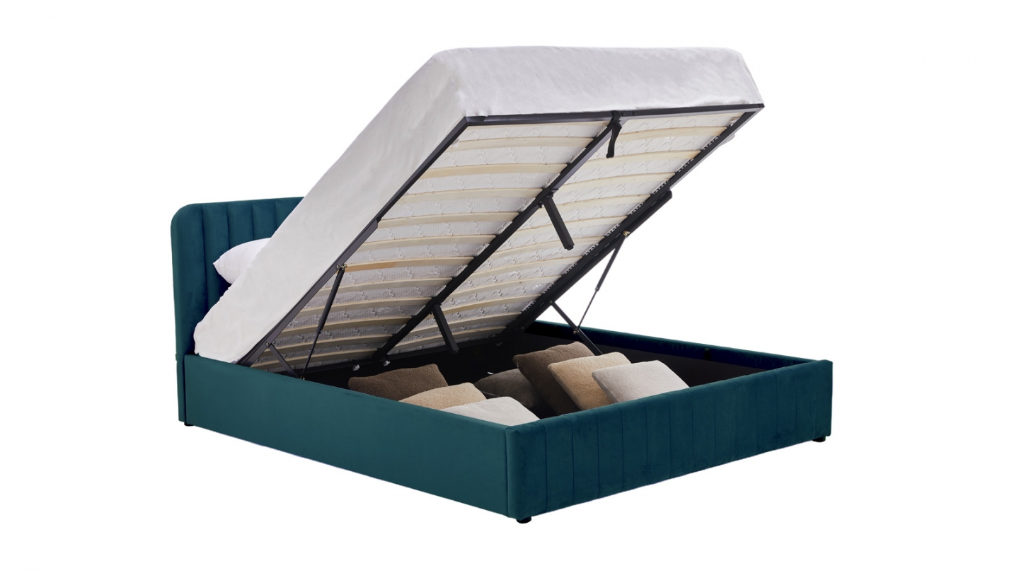 Lit coffre adulte 140x190 cm avec tête de lit capitonnée en velours bleu nuit - Ava