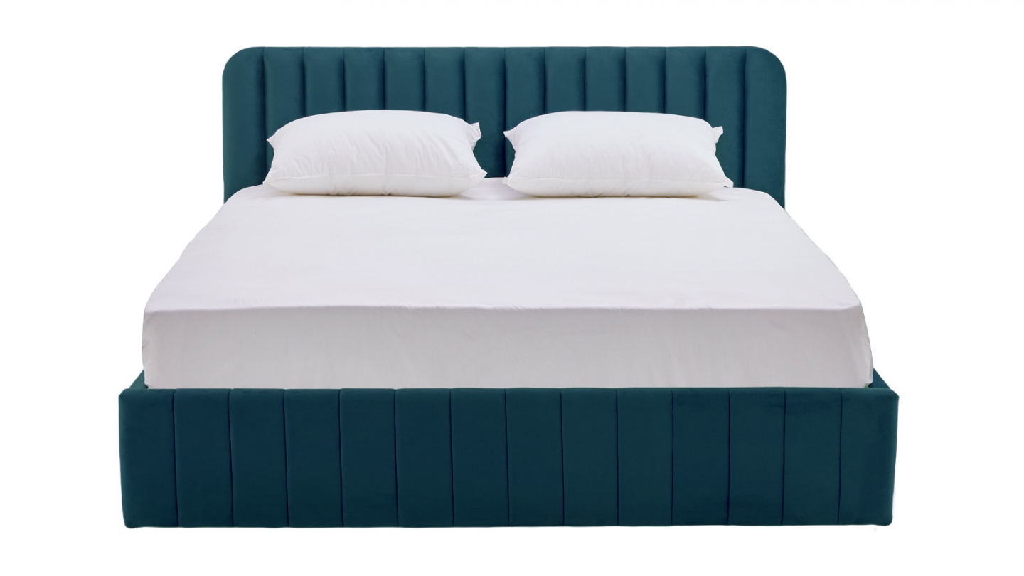 Lit coffre adulte 140x190 cm avec tête de lit capitonnée en velours bleu nuit - Ava