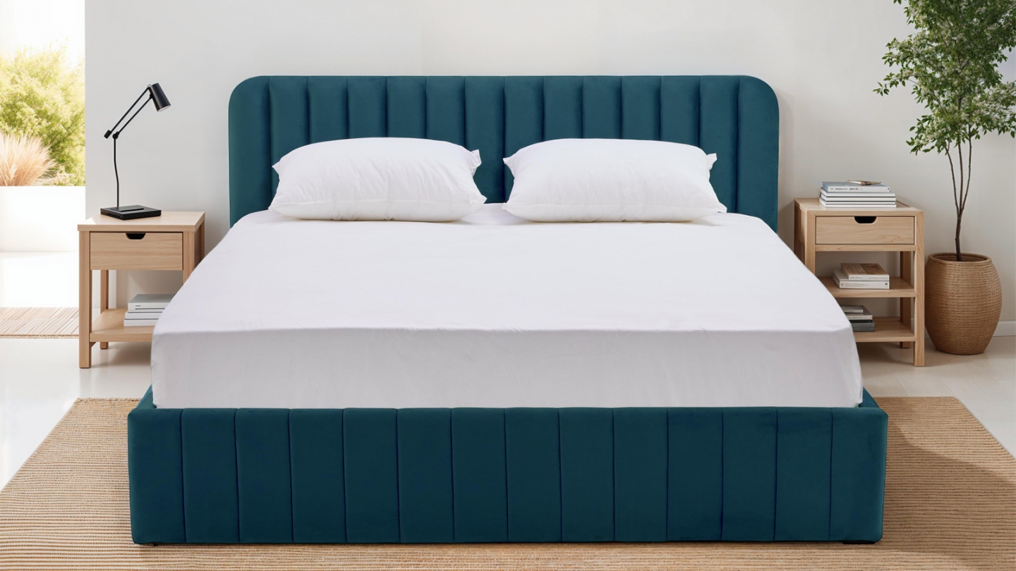 Lit coffre adulte 140x190 cm avec tête de lit capitonnée en velours bleu nuit - Ava