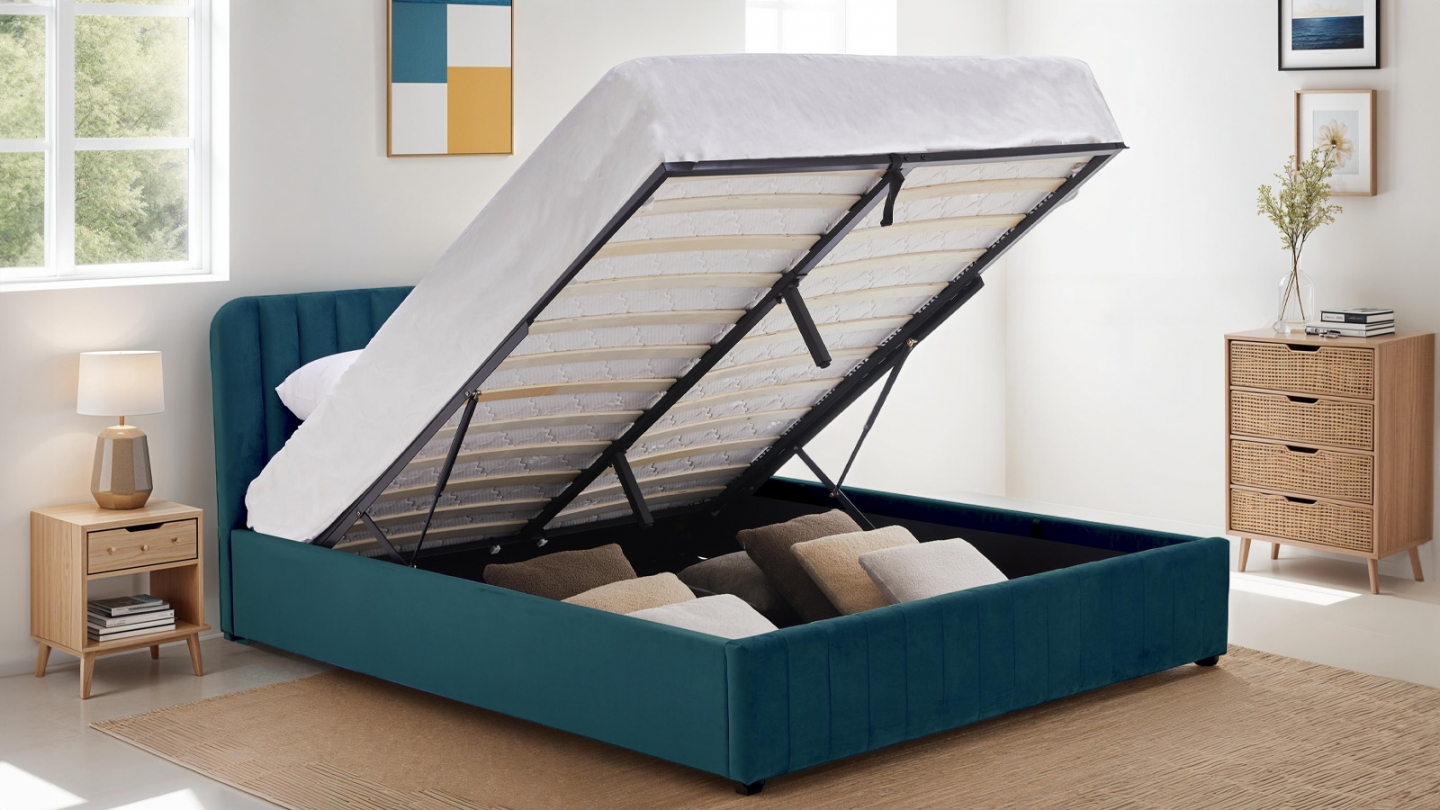 Lit coffre adulte 140x190 cm avec tête de lit capitonnée en velours bleu nuit - Ava