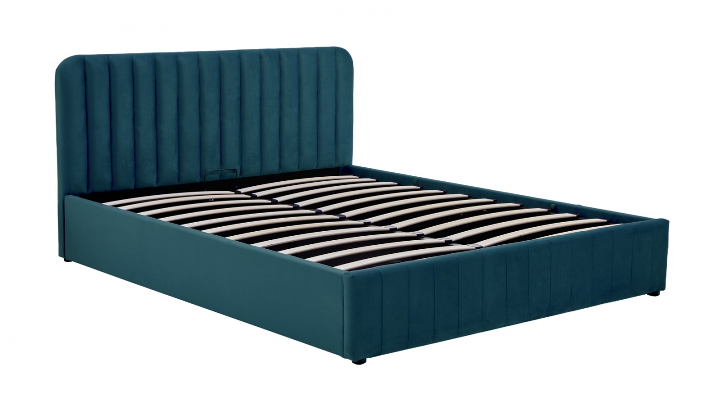 Lit coffre adulte 160x200 cm avec tête de lit capitonnée en velours bleu nuit - Ava