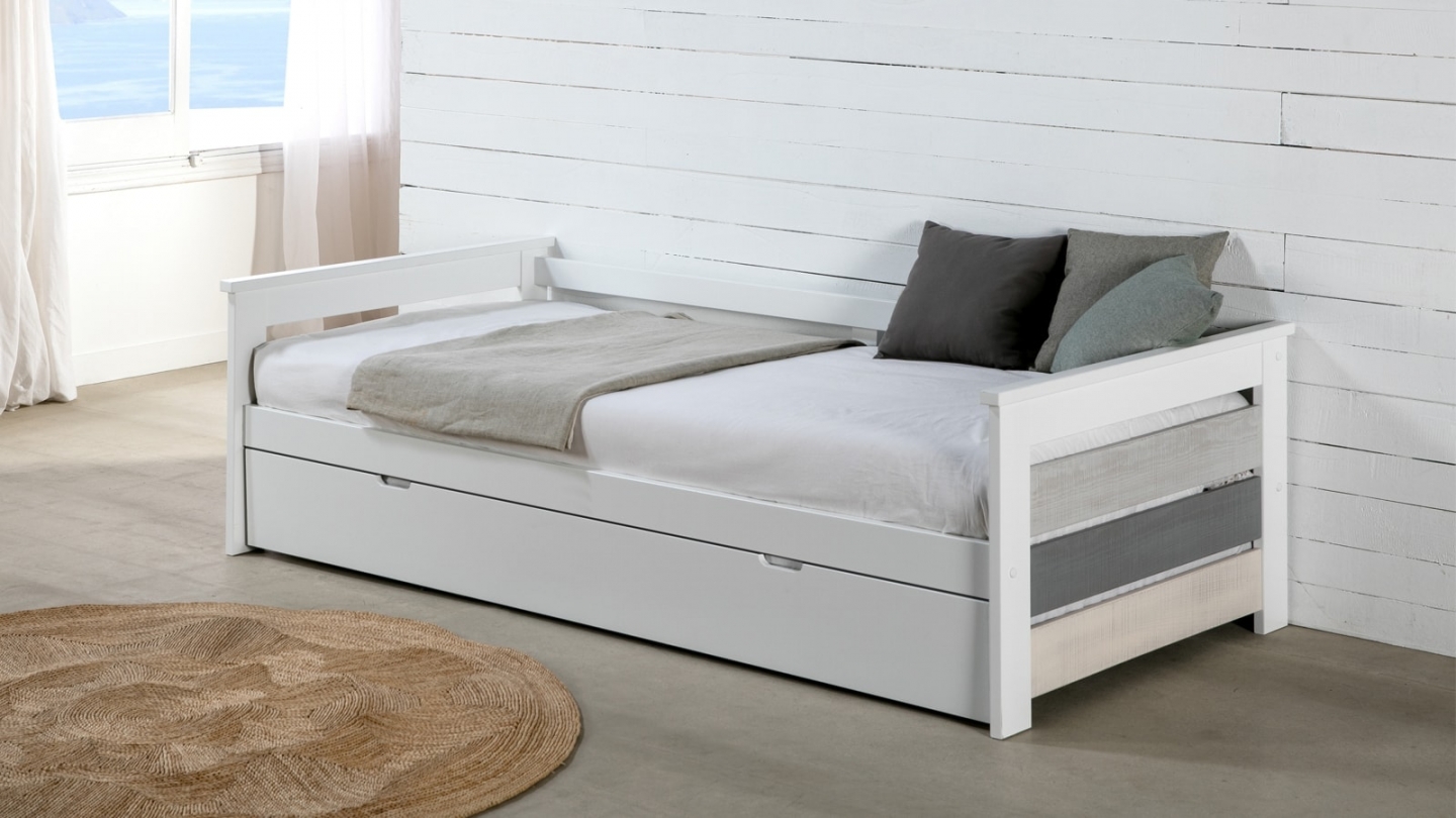 Lit gigogne adulte 90x190 cm en bois blanc / gris - Isaline