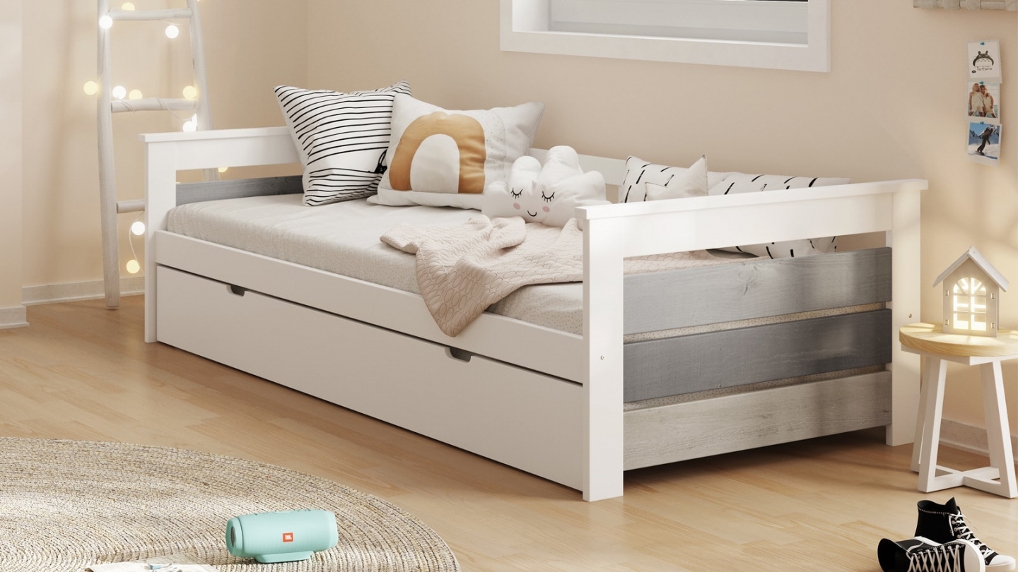 Lit gigogne adulte 90x190 cm en bois blanc / gris - Isaline