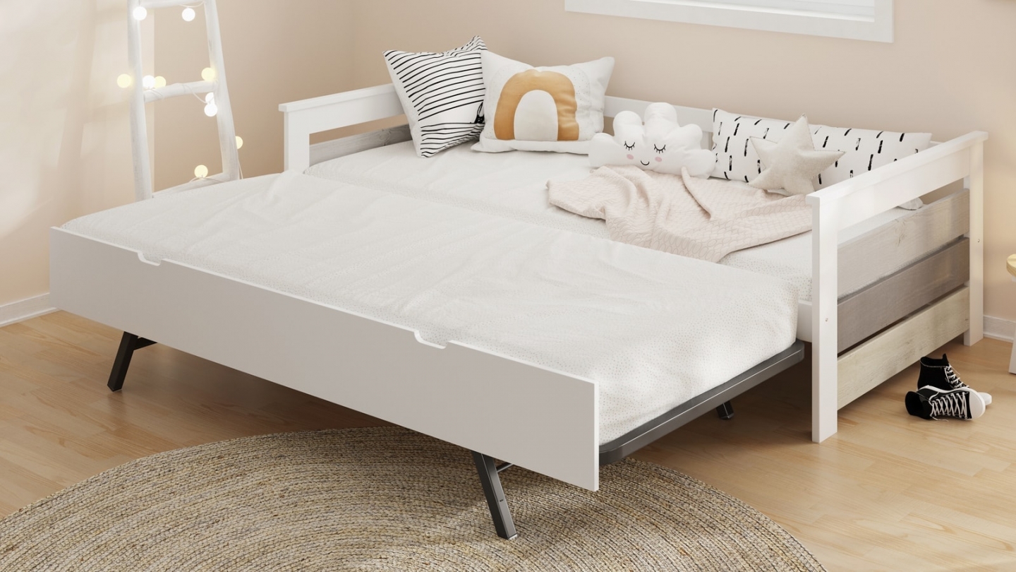 Lit gigogne adulte 90x190 cm en bois blanc / gris - Isaline